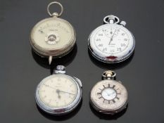 A white metal half hunter pocket watch with keyless wind movement and white enamel dial with Roman