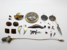 Three silver brooches, earrings, labradorite necklace,