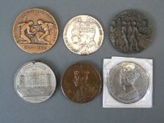 Six large medallion coins comprising 1862 Victoria International Exhibition 54mm by Ottley,