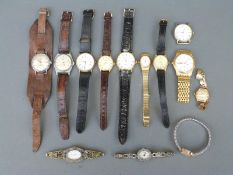 Thirteen various wristwatches and watches including a 9ct gold cased ladies wristwatch with 9ct