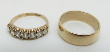 A 9ct gold wedding band (size L) and a 9ct gold ring set with cubic zirconia (size K), 5.
