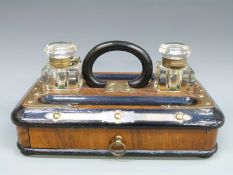 A walnut, brass and cut glass desk stand with single drawer below,