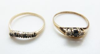 A 9ct gold ring set with sapphires and diamonds and a 9ct gold ring set with a sapphire and two