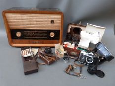 His Masters Voice vintage radio, collection of cameras and accessories including Zenit E,
