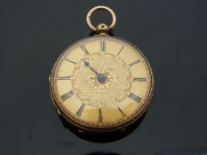 An 18ct gold cased Victorian ladies fob watch with engraved foliate decoration,