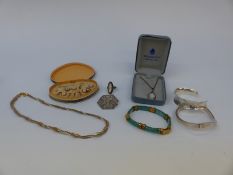 Wedgwood necklace, jadeite bracelet with gilt fittings, two silver bangles, silver ring,
