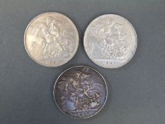 Three Queen Victoria old head crowns LVI 1893, LX 1896 and LXI 1897,