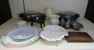A Belleek vase and jug, Poole pottery plates, olive wood Holy Land pressed flower book,