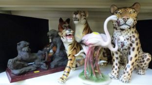 Five Italian big cat, dog and flamingo figures,