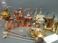 A copper kettle, jug, pans, candlesticks,