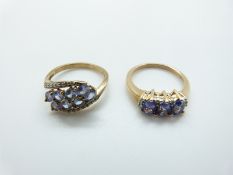 A 9ct gold ring set with tanzanite and diamonds and another similar ring, size P and O, 5.