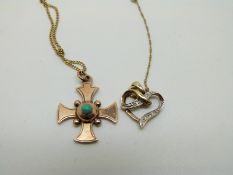 A 9ct gold Maltese Cross set with turquoise, and 9ct gold pendant set with diamonds (3.