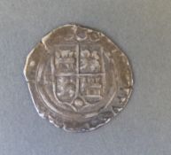 Spanish colonial silver hammered Reale cob coin with pillars and woven design,