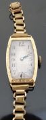 Tavannes 18ct gold ladies wristwatch with blued Breguet hands, black Arabic numerals, silvered face,