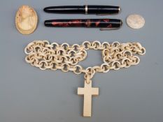 Parker Duofold and Premiere fountain pens both with 14k gold nibs, ivory necklace,