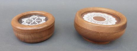 Two wooden boxes with decorative lace inserts
