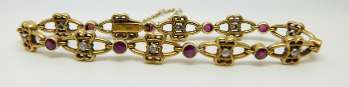 A French 18ct gold bracelet set with alternating round cut diamonds and rubies in a stylised bow