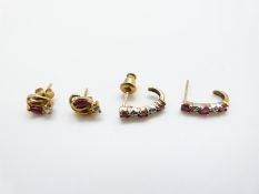 A pair of 9ct gold earrings set with a ruby and cubic zirconia to each and a another pair of 9ct