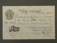 Bank of England black on white 1949 N66 Beale £5 note, on thin paper,