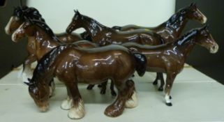 Six Beswick horses including Grazing and Cantering Shires, Welsh Cob,