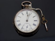 A continental white metal cased pocket watch with enamel dial, marked to case 0,