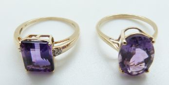 A 9ct gold ring set with an oval amethyst and a 9ct gold ring set with an amethyst and diamonds,