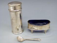A hallmarked silver open salt with blue glass liner and an A Barrett Piccadilly cylindrical