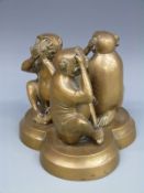 Three brass monkeys on trefoil base, see no evil, hear no evil, speak no evil, height 12.