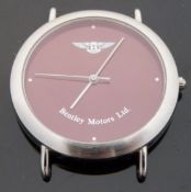Joss Bentley Motors Limited gentleman's advertising wristwatch with white dot markers, red face,