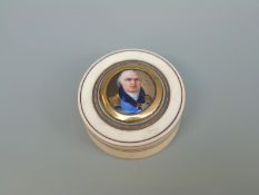 A Georgian ivory circular lidded pot set with a miniature possibly depicting HRH The Duke of
