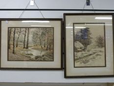 A pair of framed embroideries of landscape scenes
