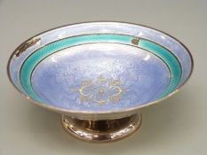 A George V hallmarked silver and guilloché enamel miniature pedestal bowl or tazza,