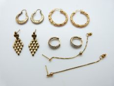 Five pairs of 9ct gold earrings including hoops set with diamonds, textured hoops etc, 8.
