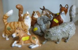 John Beswick boxed Shetland foal, donkey, elephant calf, fox, cat and a Royal Doulton Stalking Cat,
