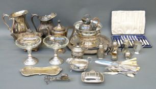 A collection of plated ware including salvers, teaware, cased cutlery, candle wick trimmer,