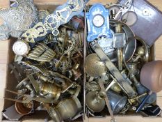 A large quantity of brassware to include horse brasses, Art Nouveau door handle, pans,