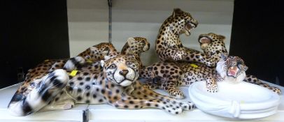 Four Italian large leopard figures and a dish with figural leopard