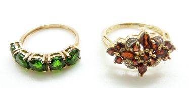 A 9ct gold ring set with garnets and diamonds (size P) and another 9ct gold ring set with diopside,
