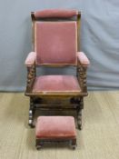 An American rocking chair and a similarly upholstered footstool