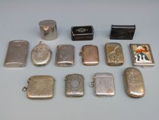 Ten silver plated vesta cases, gold plated vesta,