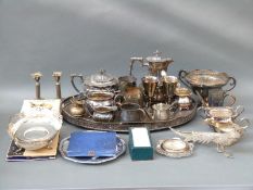 A collection of plated ware including a large galleried tray, Hukin & Heath hot water pot, tankards,