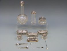 Nine various hallmarked silver mounted dressing table items including two pairs of lidded pots