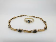 A 9ct gold tennis bracelet set with alternating sapphires and diamonds and a 9ct gold ring set with