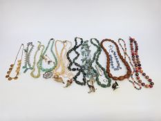 A filigree brooch, agate necklace, pearl necklace, ivory beads, silver brooch,