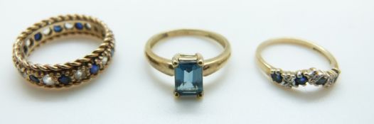 Three 9ct gold rings, one set with diamonds and sapphires, 5.
