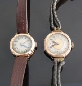 Two 9ct gold ladies wristwatches, one with two-tone face, black hands and Swiss movement,
