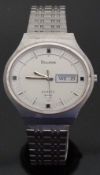 Bulova gentleman's wristwatch with day and date aperture, two tone steel hands and baton markers,