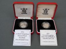 Two cased Royal Mint UK silver proof Piedfort £1 coins, one for 1993,