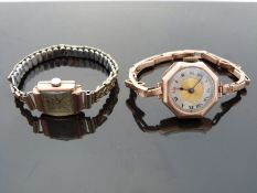 Two 9ct gold ladies wristwatches one with Roman numerals, blued hands, two tone face,