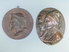 A cast iron grand tour religious plaque and a bronze or similar example, marked Bante E Beatrice,